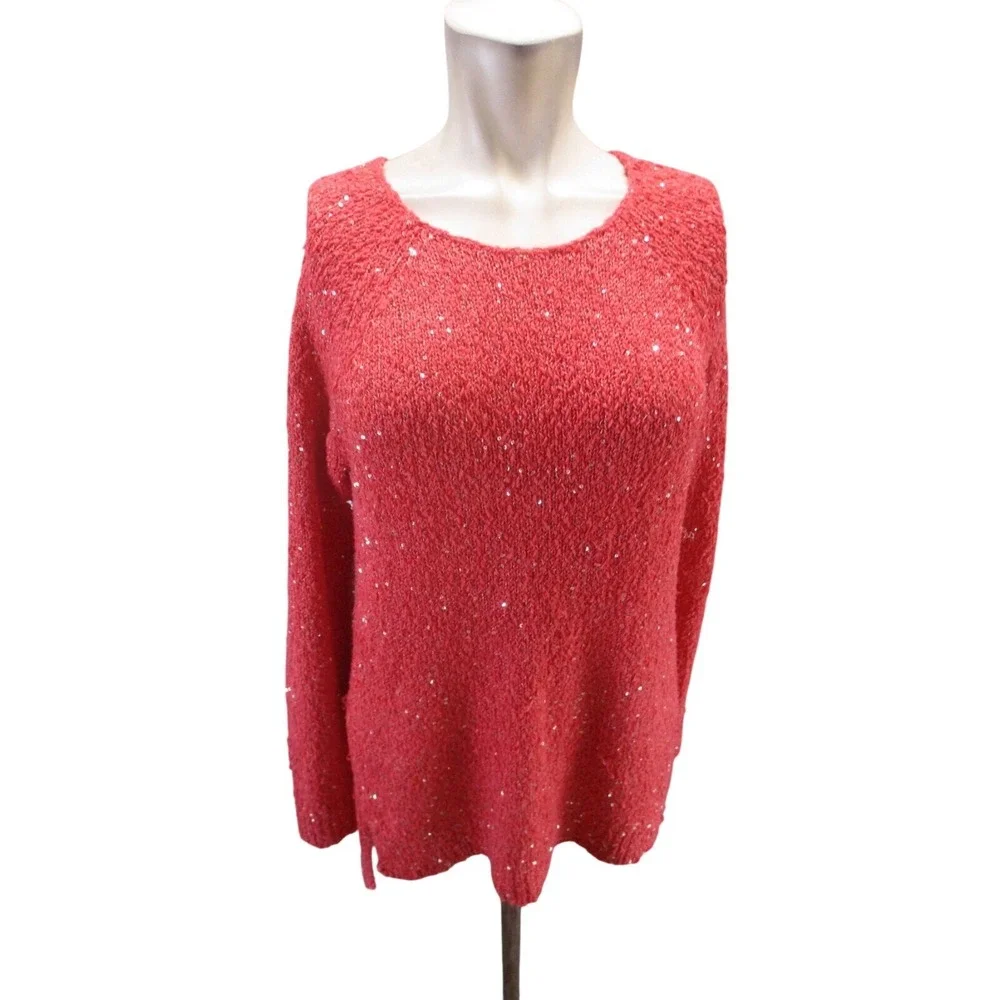 (B4) Chico's Salmon Red Sequin Knit‎ Sweater Womens 1 / M Long Sleeve Pullover